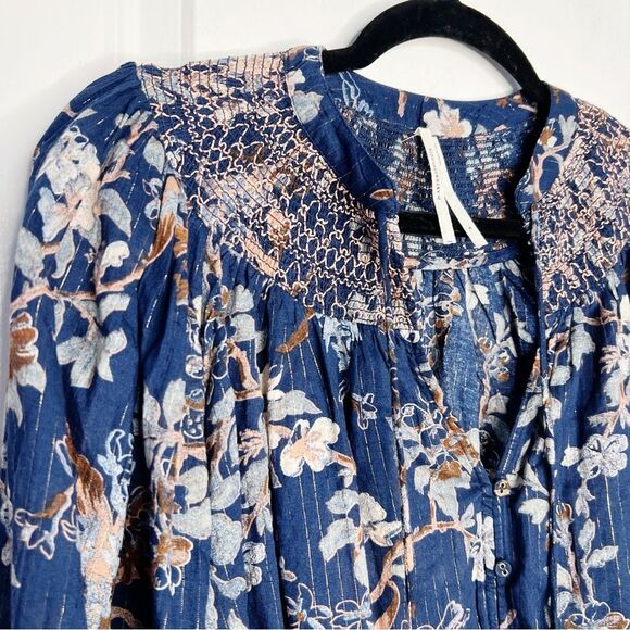 By Anthropologie Long-Sleeve Smocked Lurex Top Size S Blue Floral Print boho - Picture 7 of 13